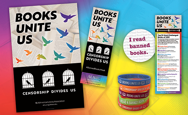 American Library Associations Banned Books Week promotions:Posters, bookmarks, stickers, and bracelets