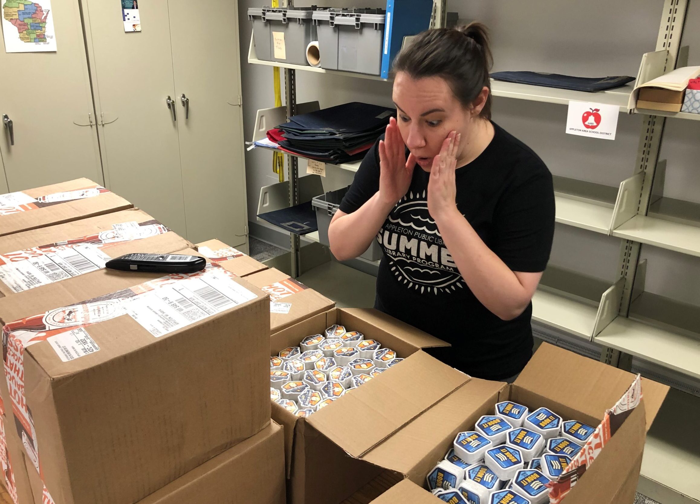 Woman has exagerated look of suprise on her face staring at 9 plus large boxes of stickers.