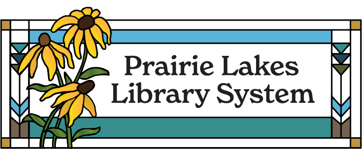 Prairie Style influenced stained glass window, brown eyed susan flowers in growing in front, and the wordsPrairie Lakes Library System written inside the window. Shades of teal, blue, green, mustard.