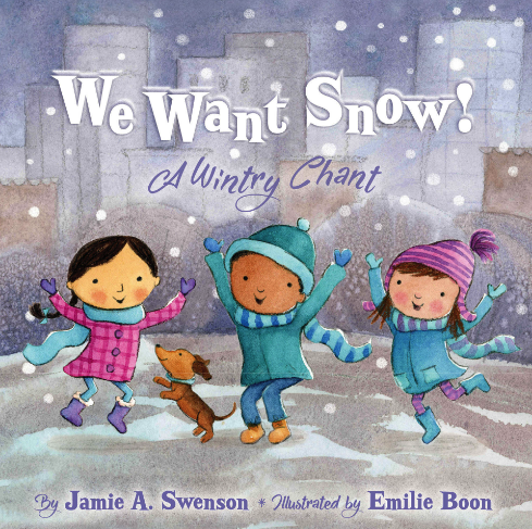 Book cover: Illustrated children in winter outerwear jump in banks of snow.